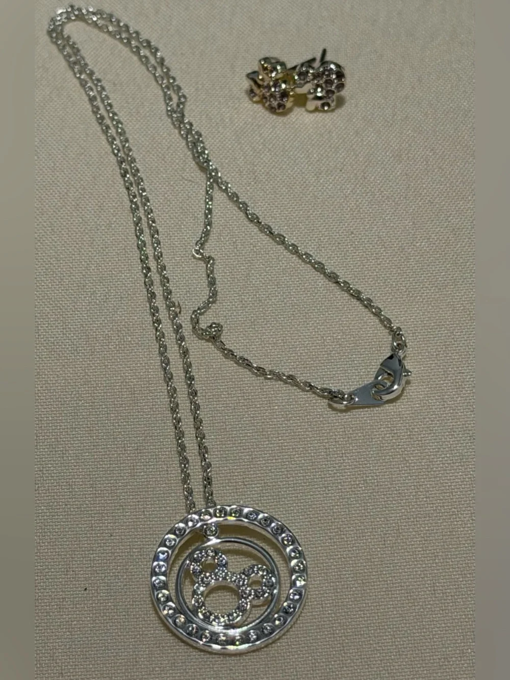 Disney necklace Mickey silhouette in rhinestone circle & matching stud earrings